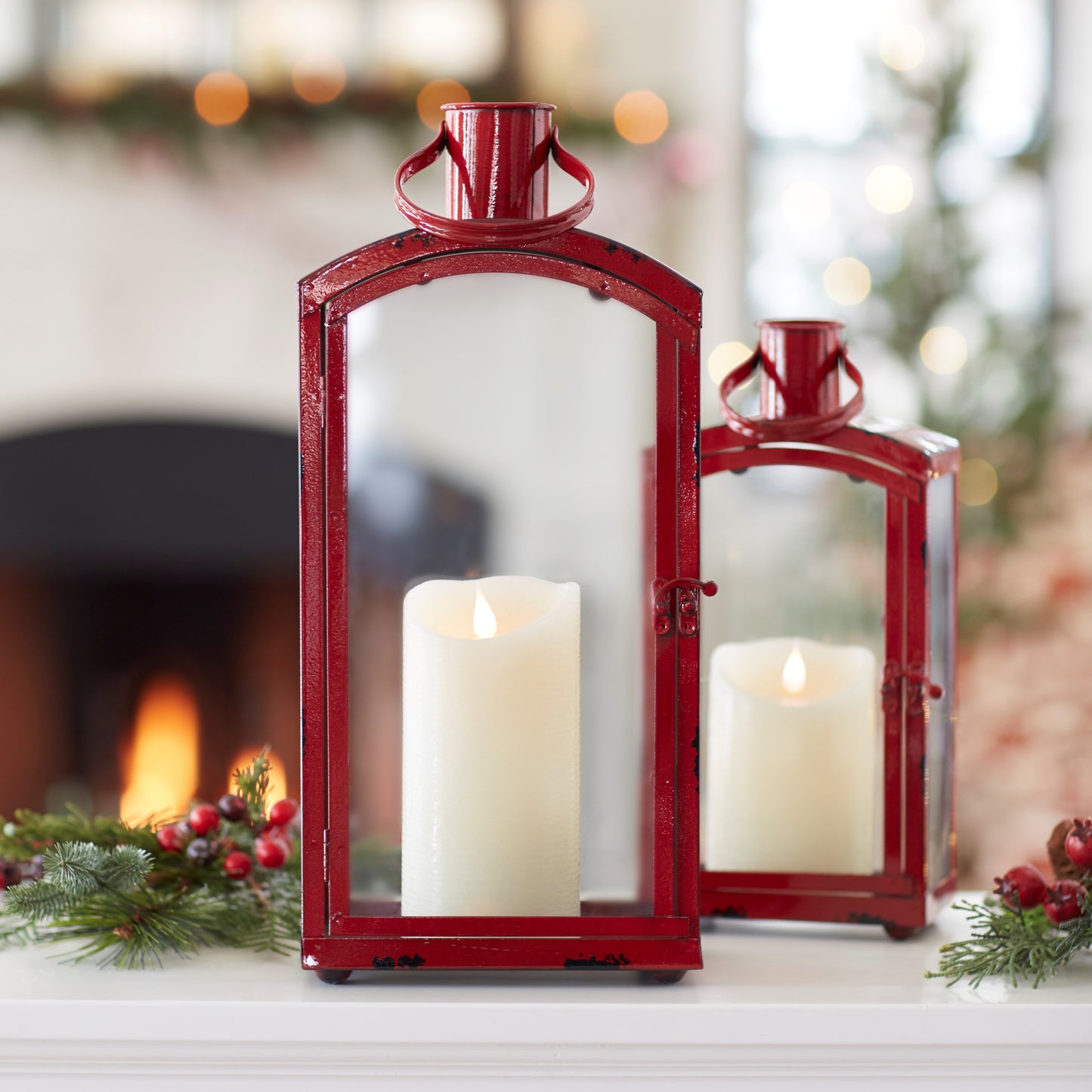 Set of Three Red Metal And Glass Floor Lantern Candle Holders