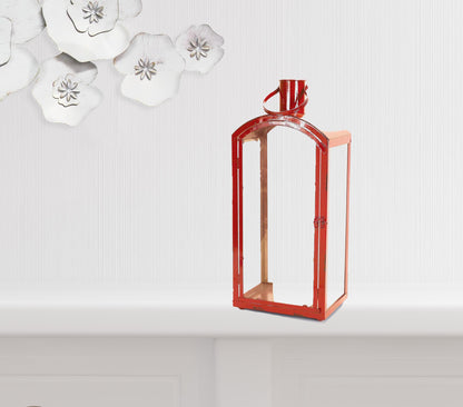 Set of Three Red Metal And Glass Floor Lantern Candle Holders