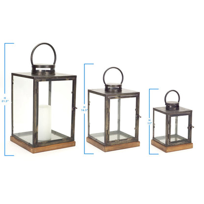 Set of Three Gray And Brown Distressed Geometric Glass Metal And Wood Floor Lantern Candle Holders HomeRoots
