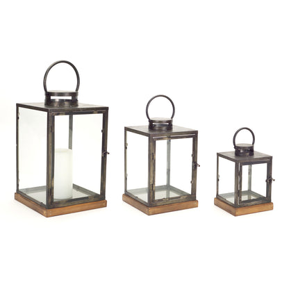 Set of Three Gray and Brown Glass Metal and Wood Geometric Floor Lantern Candle Holders