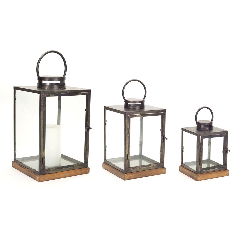 Set of Three Gray And Brown Distressed Geometric Glass Metal And Wood Floor Lantern Candle Holders HomeRoots