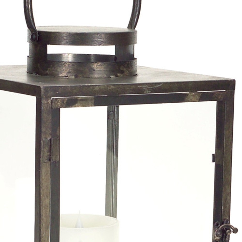 Set of Three Gray And Brown Distressed Geometric Glass Metal And Wood Floor Lantern Candle Holders HomeRoots