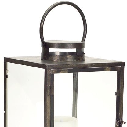 Set of Three Gray and Brown Glass Metal and Wood Geometric Floor Lantern Candle Holders