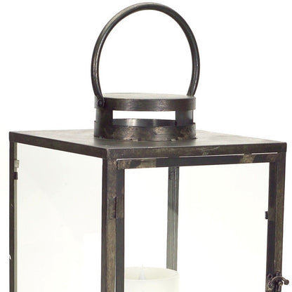 Set of Three Gray And Brown Distressed Geometric Glass Metal And Wood Floor Lantern Candle Holders HomeRoots