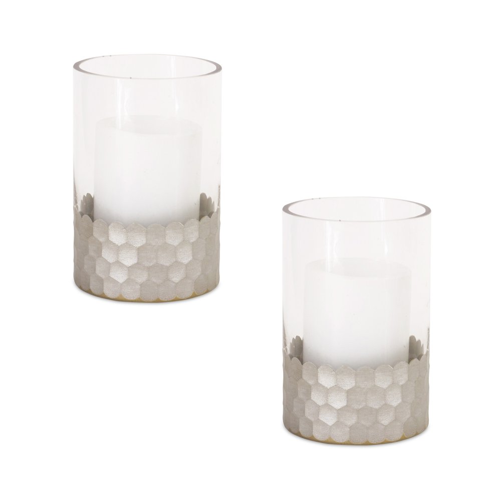 Set of Two Clear and Silver Glass Geometric Tabletop Pillar Candle Holders HomeRoots