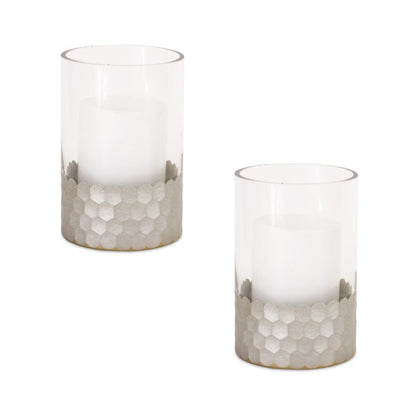 Set of Two Clear and Silver Glass Geometric Tabletop Pillar Candle Holders HomeRoots