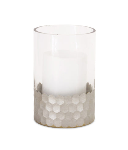 Set of Two Clear and Silver Glass Geometric Tabletop Pillar Candle Holders