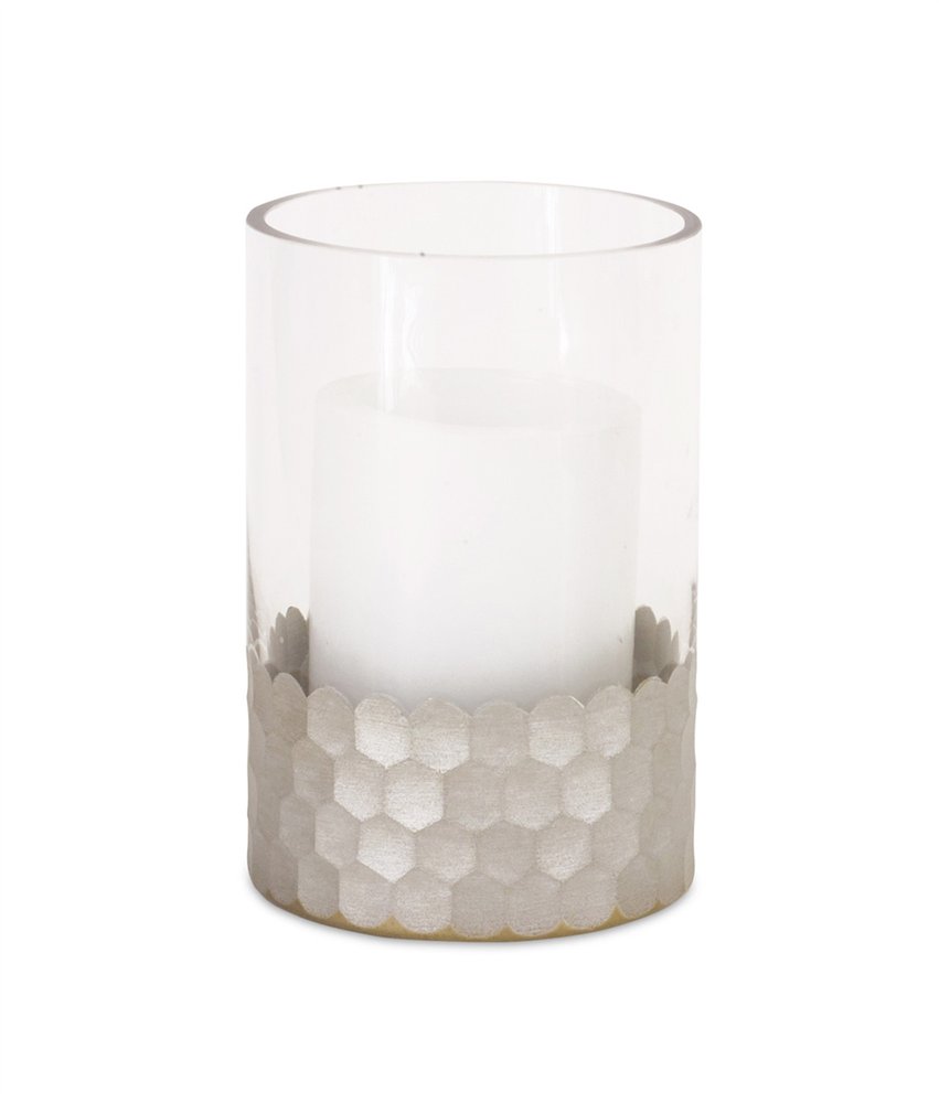 Set of Two Clear and Silver Glass Geometric Tabletop Pillar Candle Holders HomeRoots