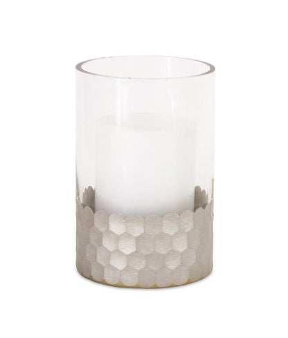 Set of Two Clear and Silver Glass Geometric Tabletop Pillar Candle Holders HomeRoots