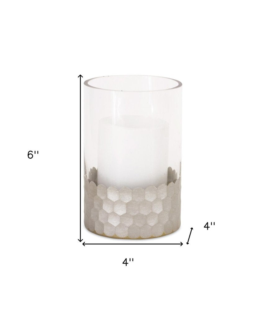 Set of Two Clear and Silver Glass Geometric Tabletop Pillar Candle Holders HomeRoots