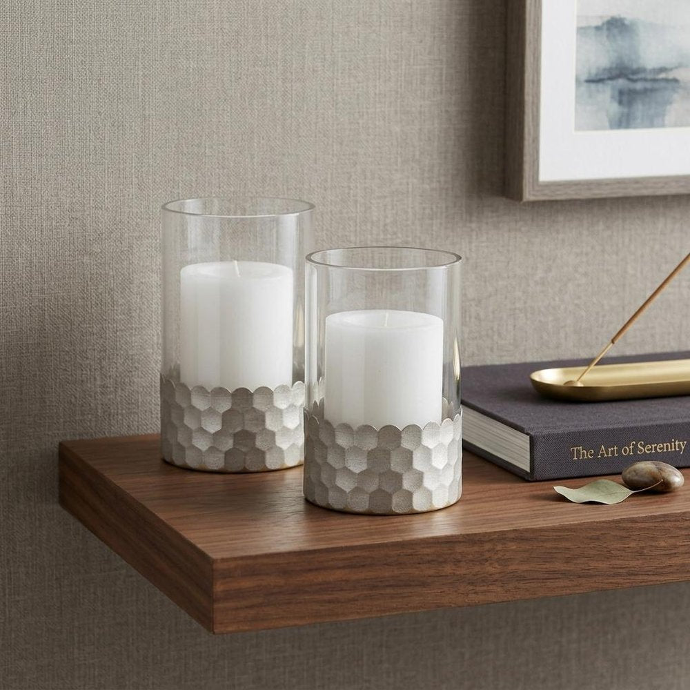 Set of Two Clear and Silver Glass Geometric Tabletop Pillar Candle Holders HomeRoots