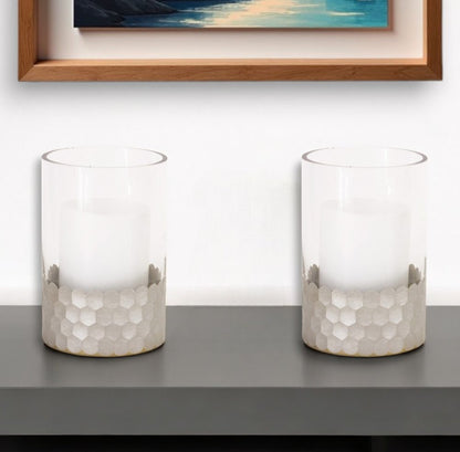 Set of Two Clear and Silver Glass Geometric Tabletop Pillar Candle Holders HomeRoots