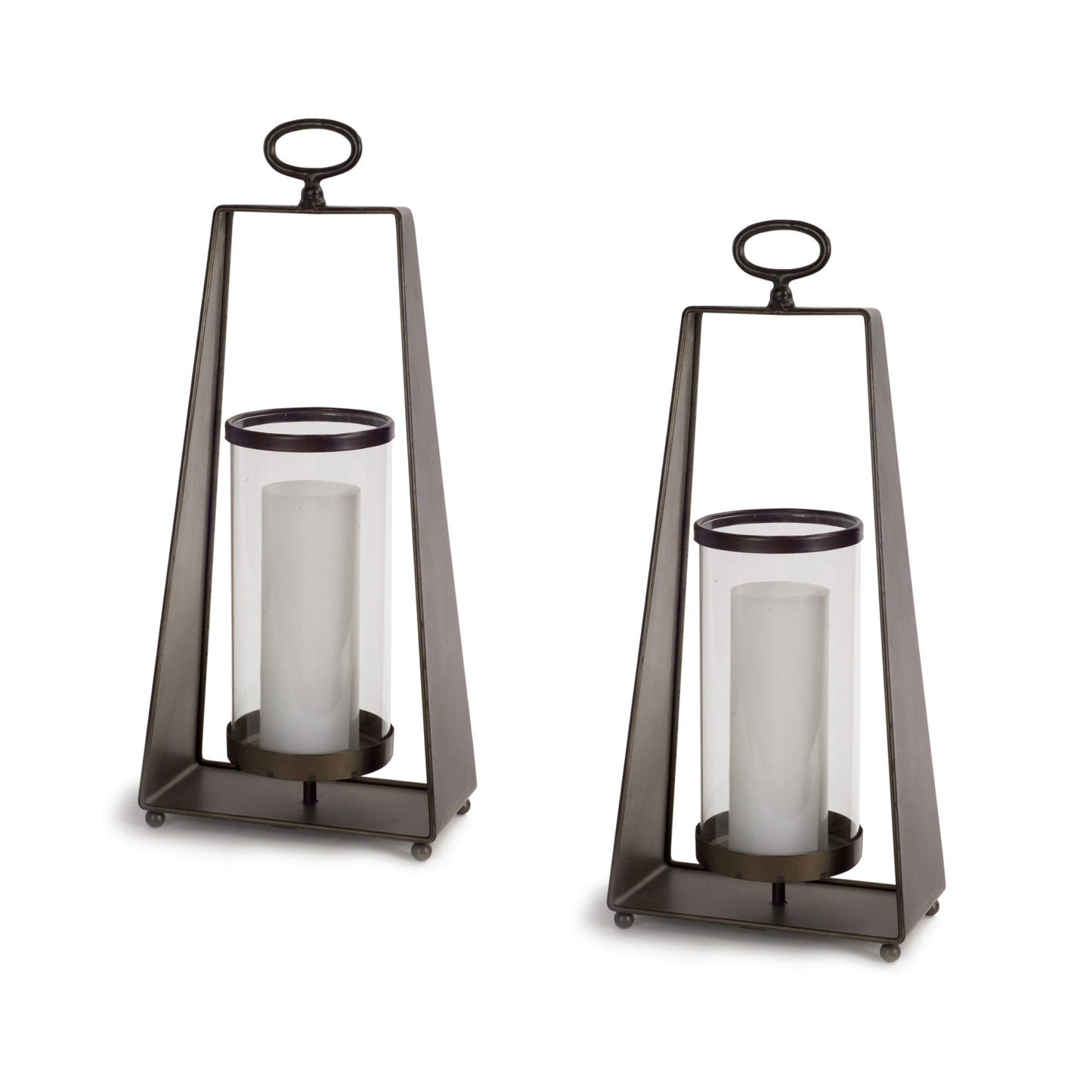 Set of Two Brown Metal And Glass Tabletop Lantern Candle Holders