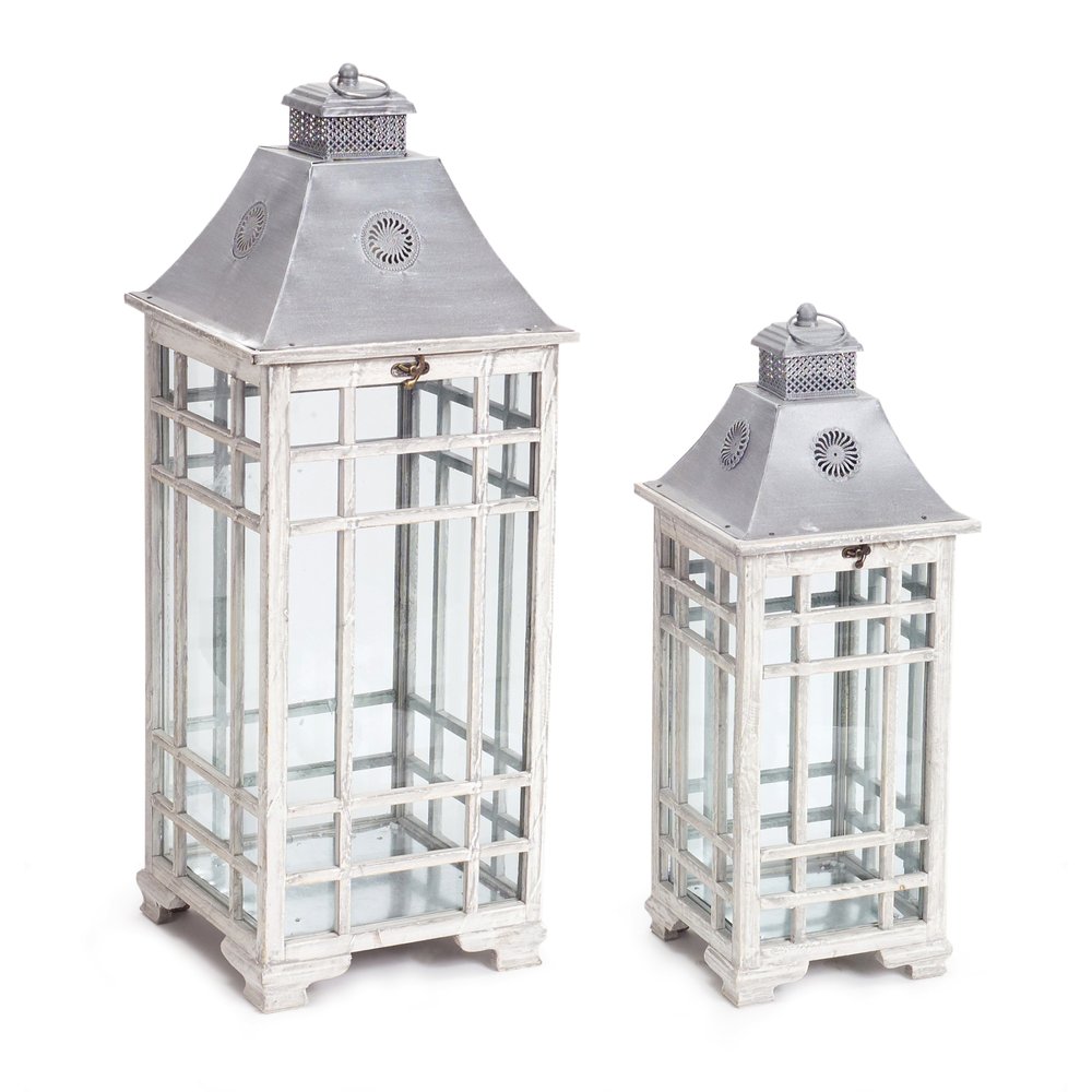 Set of Two White And Silver Distressed Geometric Metal Floor Lantern Candle Holders HomeRoots