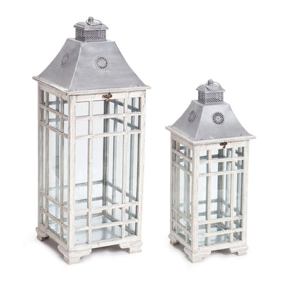 Set of Two White And Silver Distressed Geometric Metal Floor Lantern Candle Holders HomeRoots