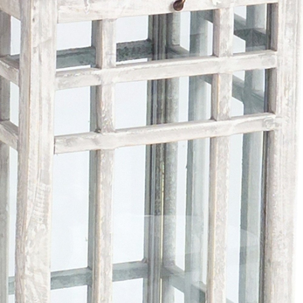 Set of Two White And Silver Distressed Geometric Metal Floor Lantern Candle Holders HomeRoots