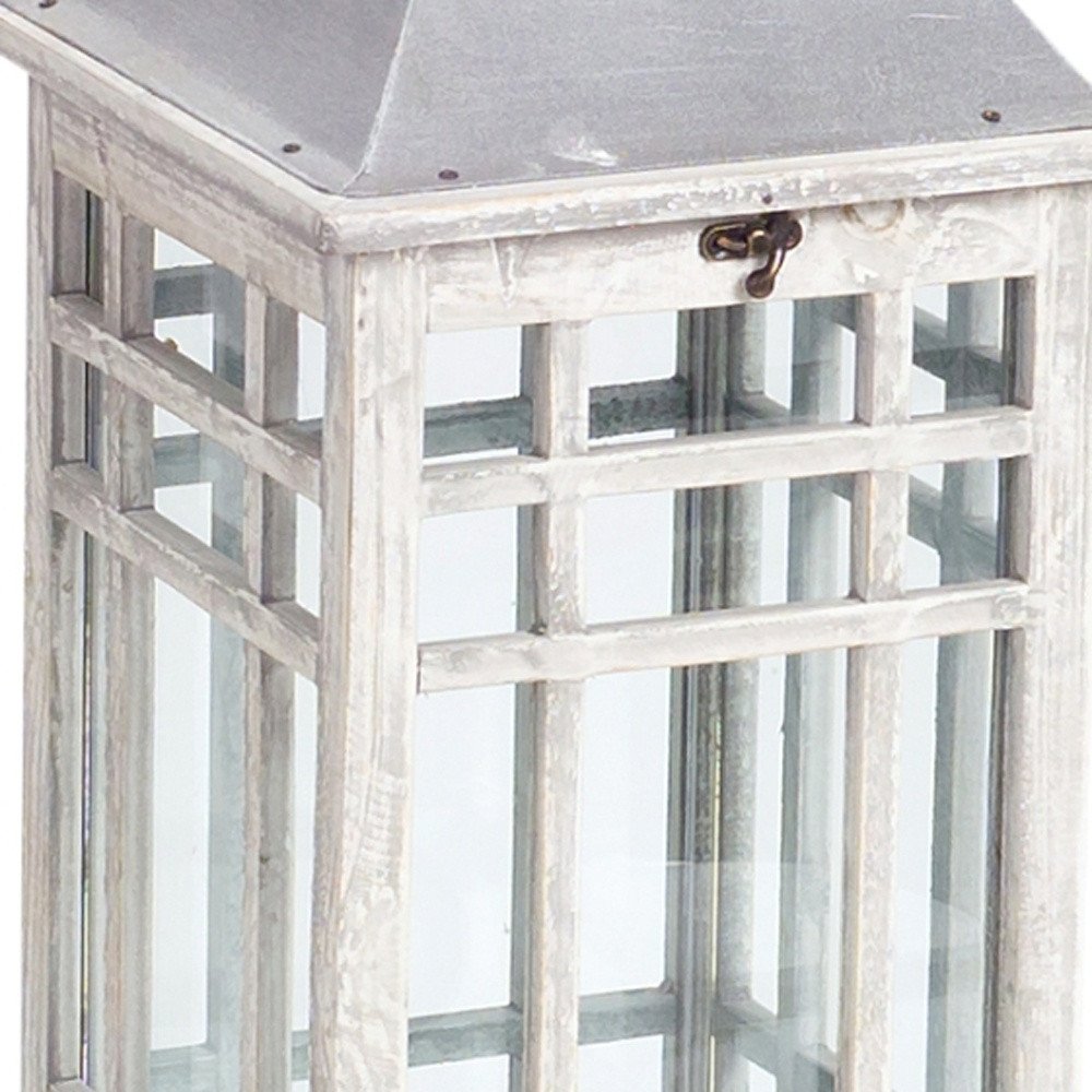 Set of Two White And Silver Distressed Geometric Metal Floor Lantern Candle Holders HomeRoots