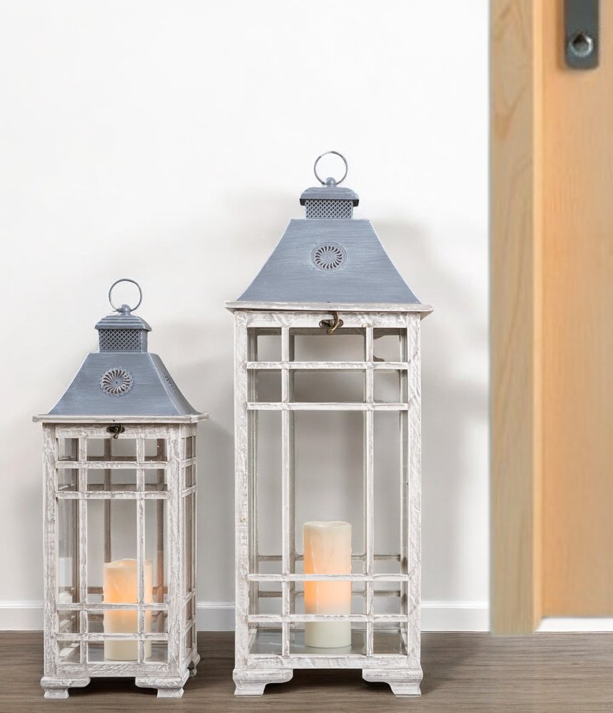 Set of Two White And Silver Distressed Geometric Metal Floor Lantern Candle Holders HomeRoots