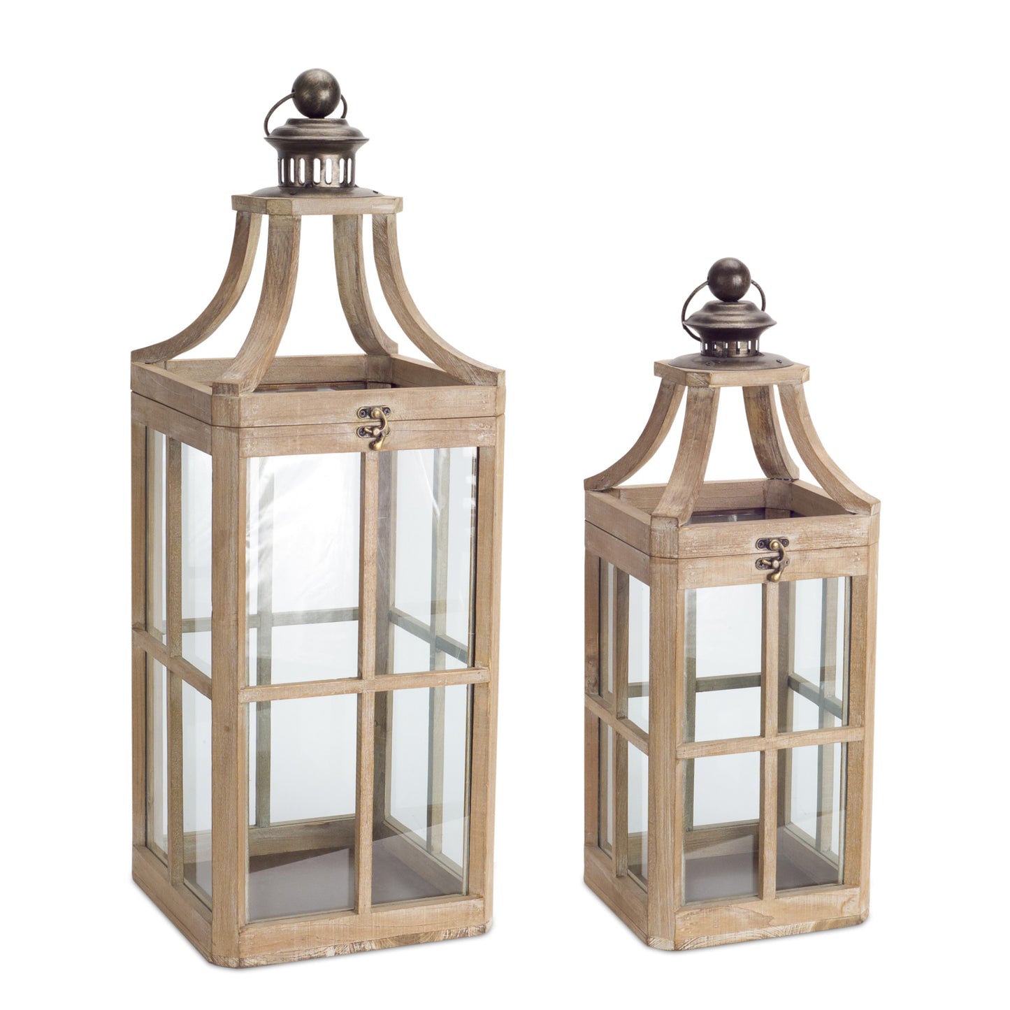 Set of Two Brown Wood and Glass Geometric Floor Lantern Candle Holders