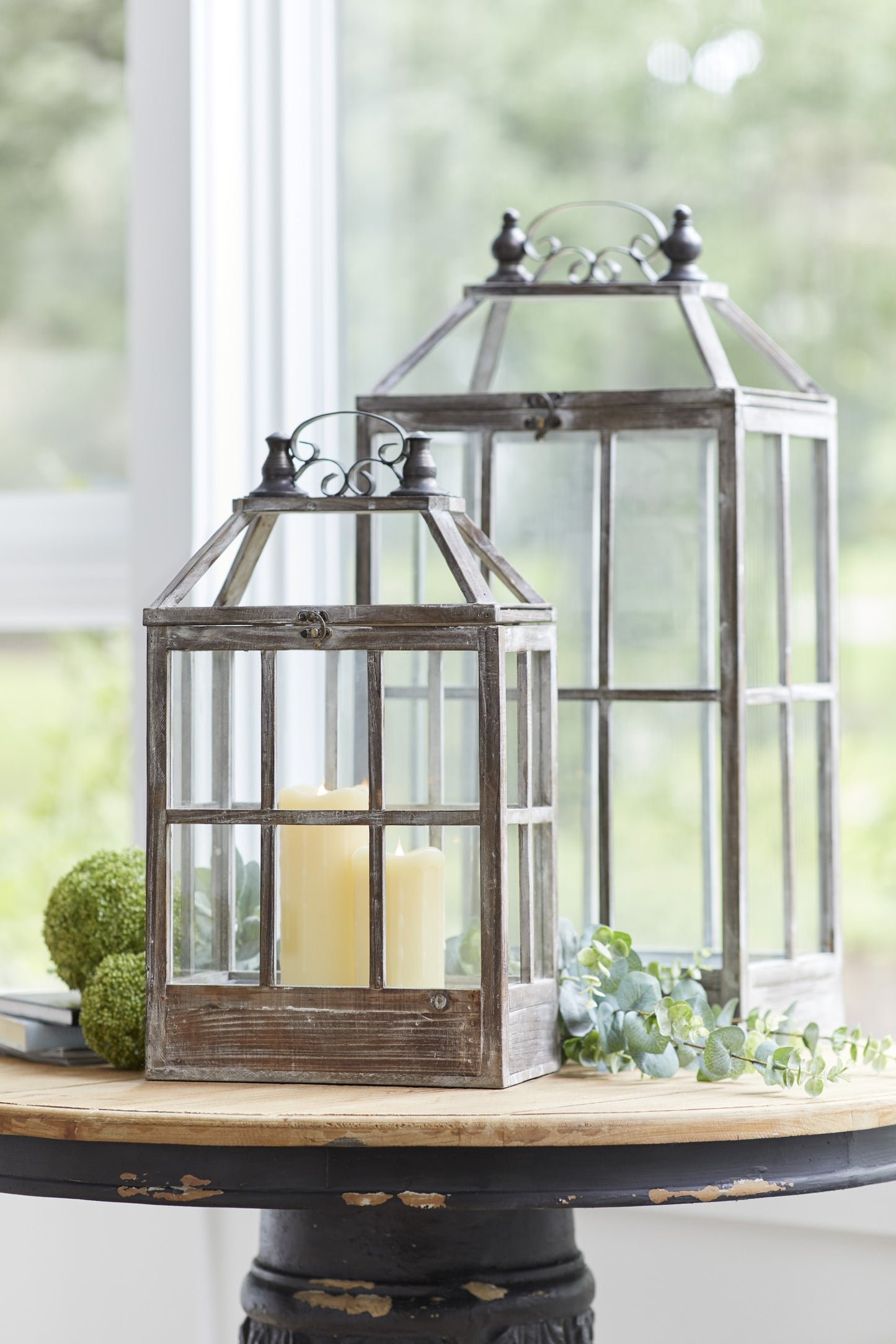 Set of Two White Washed Wood and Glass Floor Lantern Candle Holders