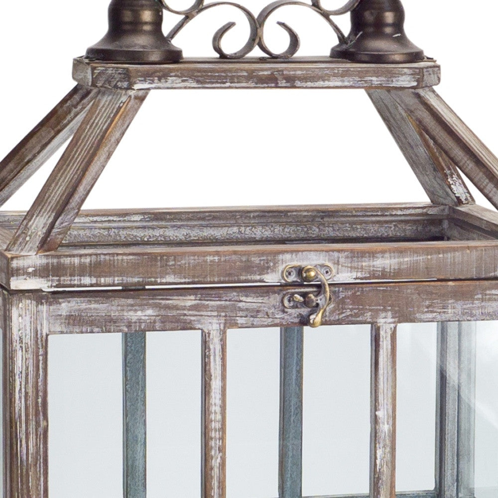 Set of Two White Washed Wood and Glass Floor Lantern Candle Holders