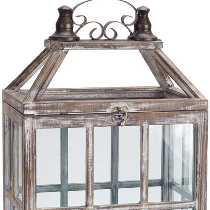 Set of Two White Washed Wood and Glass Floor Lantern Candle Holders