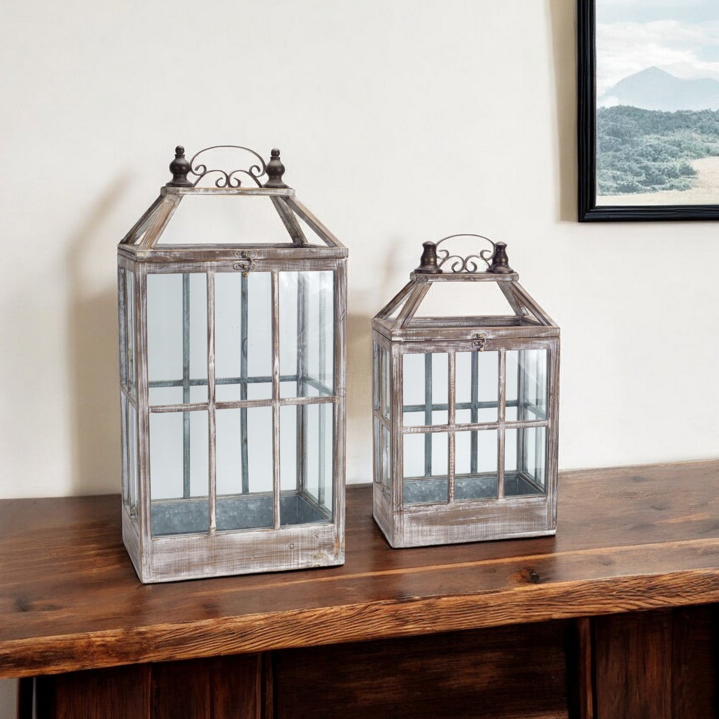 Set of Two White Washed Wood and Glass Floor Lantern Candle Holders