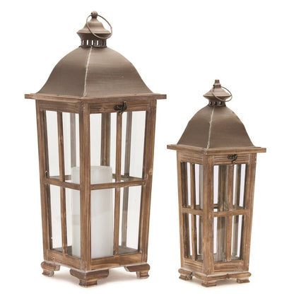 Set of Two Natural Distressed Ornate Solid Wood Tabletop Lantern Candle Holders HomeRoots