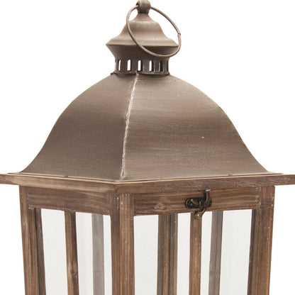 Set of Two Natural Distressed Ornate Solid Wood Tabletop Lantern Candle Holders HomeRoots