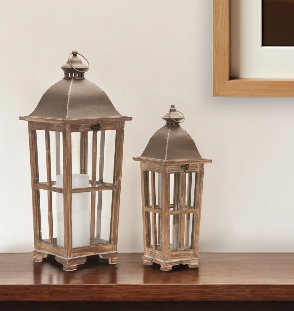 Set of Two Natural Distressed Ornate Solid Wood Tabletop Lantern Candle Holders HomeRoots
