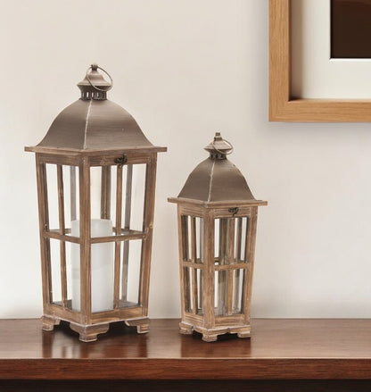 Set of Two Natural Distressed Ornate Solid Wood Tabletop Lantern Candle Holders HomeRoots