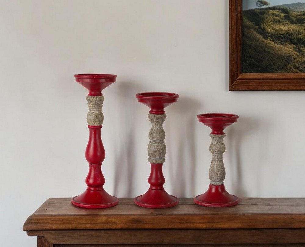 Set of Three Red And Natural Ornate Resin Tabletop Pillar Candle Holders HomeRoots