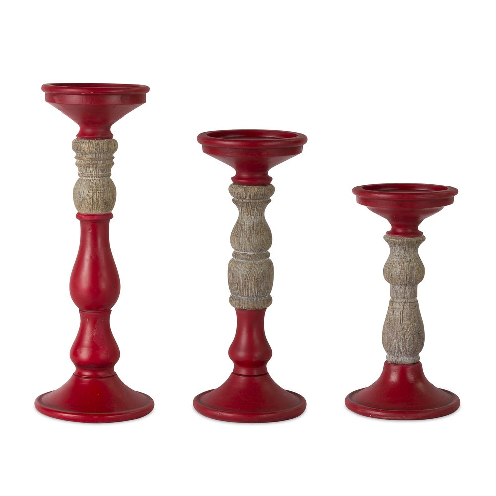 Set of Three Red And Natural Ornate Resin Tabletop Pillar Candle Holders HomeRoots