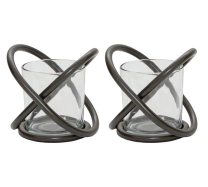 Set of Two Clear And Black Distressed Glass And Metal Tabletop Votive Candle Holders HomeRoots