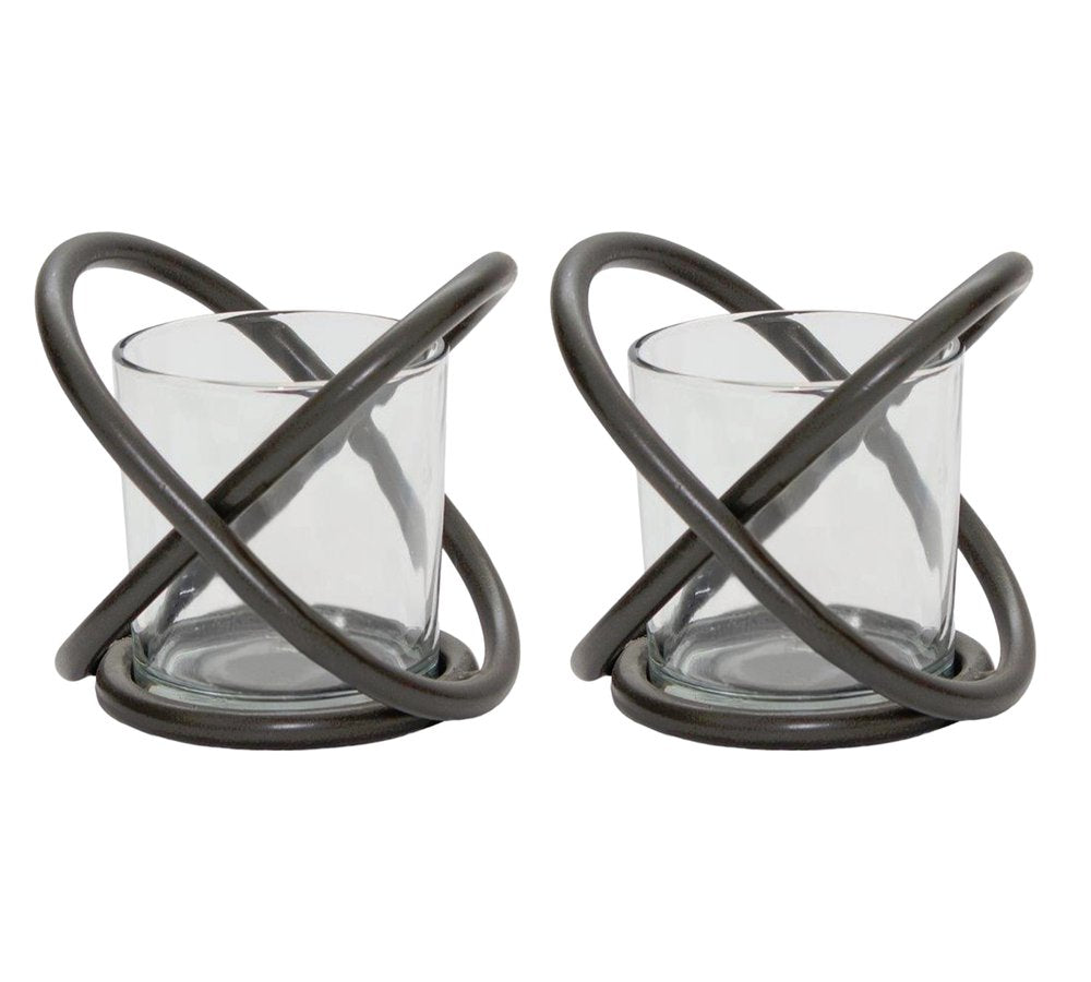 Set of Two Clear And Black Distressed Glass And Metal Tabletop Votive Candle Holders HomeRoots