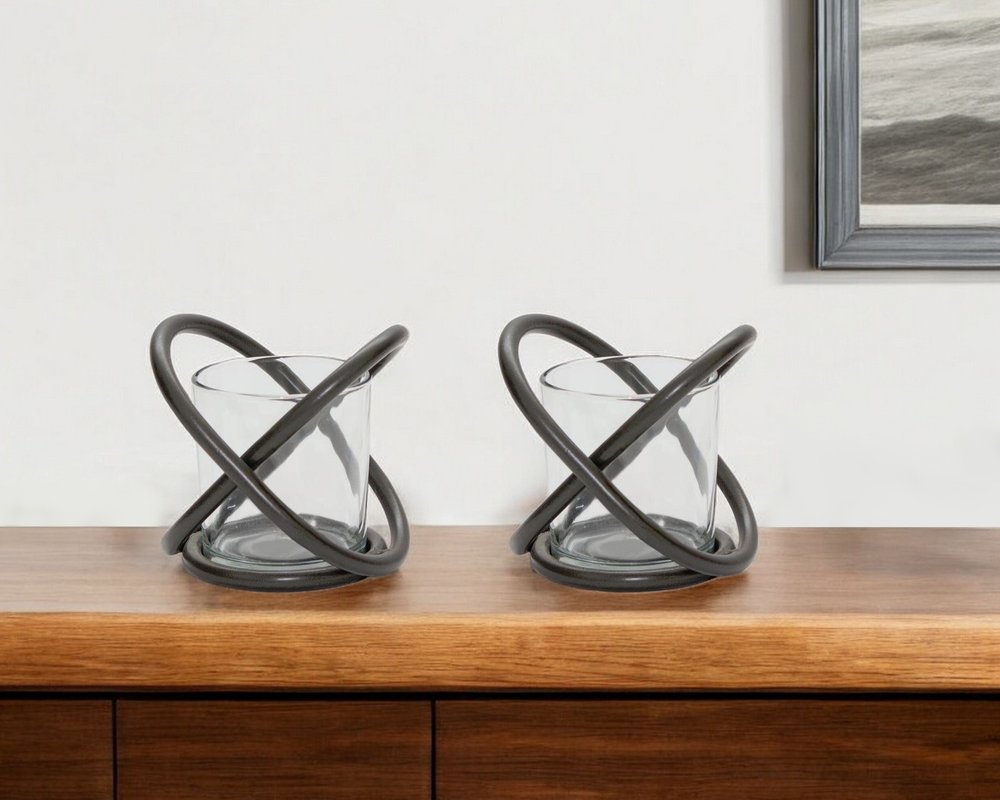 Set of Two Clear And Black Distressed Glass And Metal Tabletop Votive Candle Holders HomeRoots