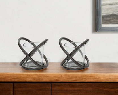 Set of Two Clear And Black Distressed Glass And Metal Tabletop Votive Candle Holders HomeRoots