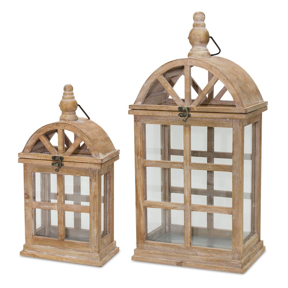 Set of Two Natural Distressed Geometric Wood And Glass Floor Lantern Candle Holders HomeRoots
