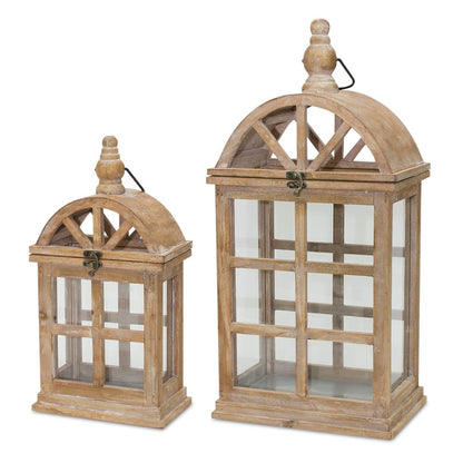 Set of Two Natural Distressed Geometric Wood And Glass Floor Lantern Candle Holders HomeRoots