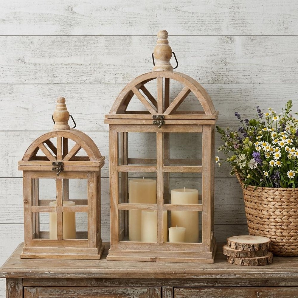 Set of Two Natural Distressed Geometric Wood And Glass Floor Lantern Candle Holders HomeRoots