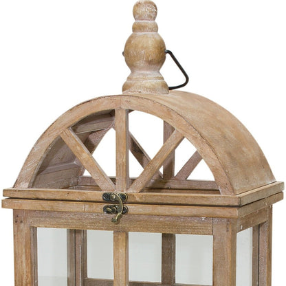 Set of Two Natural Distressed Geometric Wood And Glass Floor Lantern Candle Holders HomeRoots