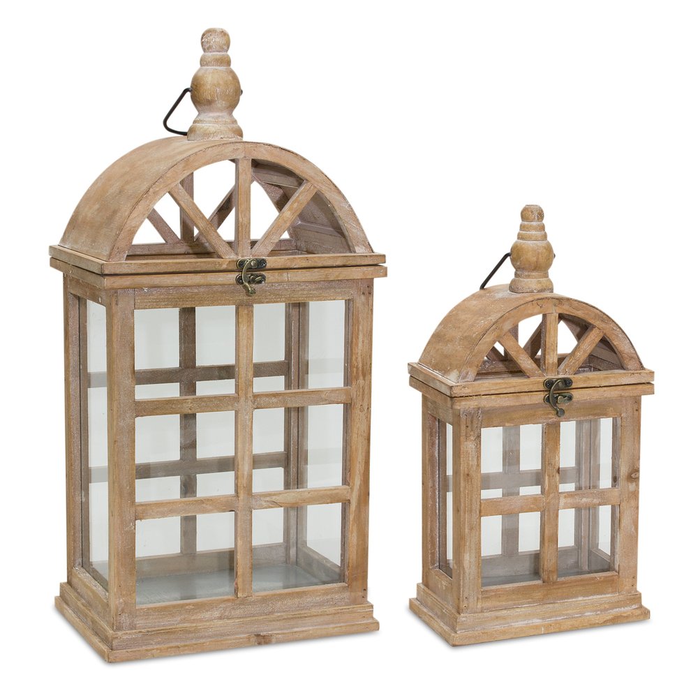 Set of Two Natural Distressed Geometric Wood And Glass Floor Lantern Candle Holders HomeRoots