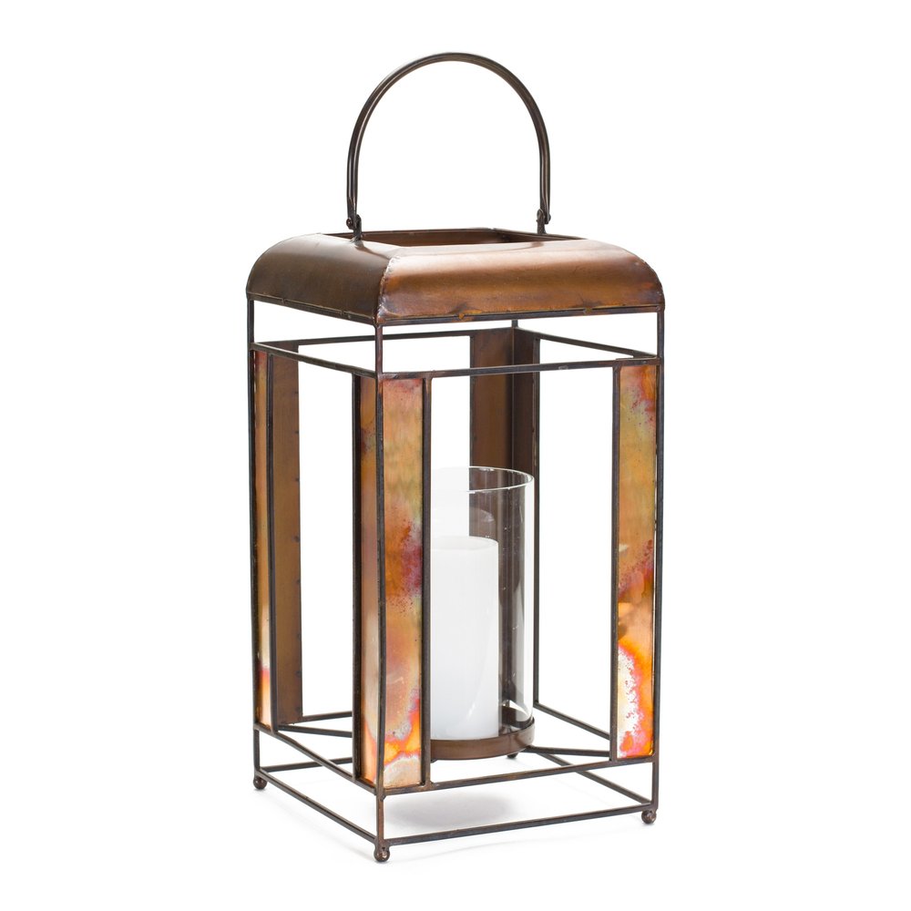 17" Bronze Distressed Geometric Metal And Glass Tabletop Lantern Candle Holder HomeRoots