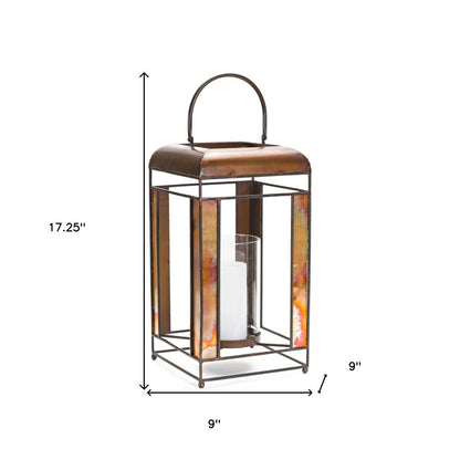 17" Bronze Distressed Geometric Metal And Glass Tabletop Lantern Candle Holder HomeRoots