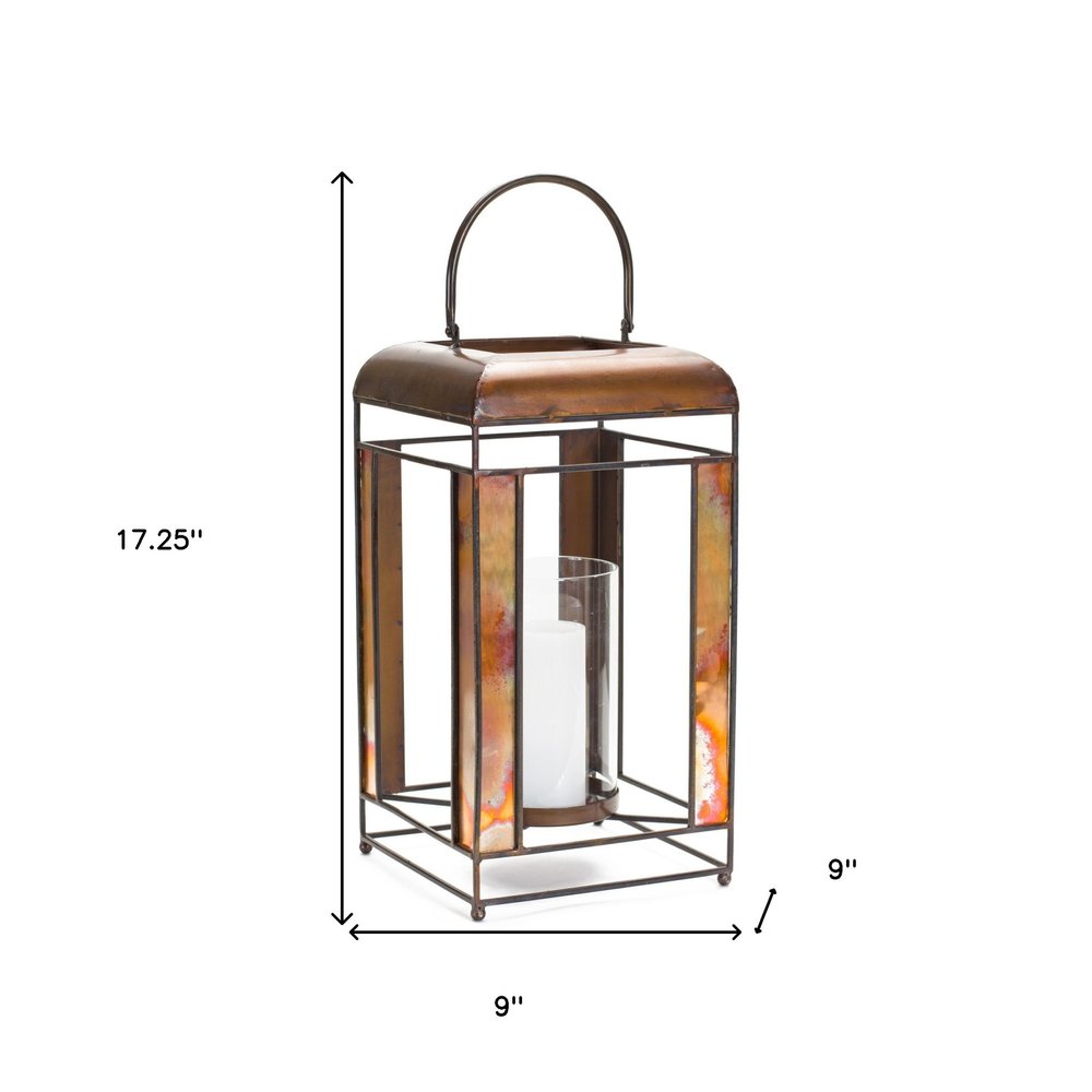 17" Bronze Distressed Geometric Metal And Glass Tabletop Lantern Candle Holder HomeRoots