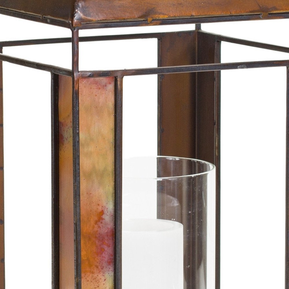 17" Bronze Distressed Geometric Metal And Glass Tabletop Lantern Candle Holder HomeRoots