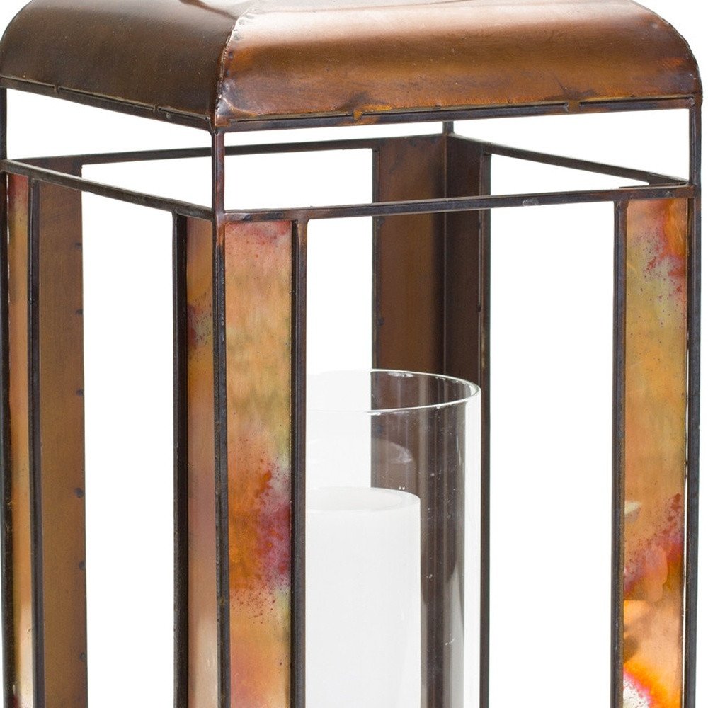 17" Bronze Distressed Geometric Metal And Glass Tabletop Lantern Candle Holder HomeRoots