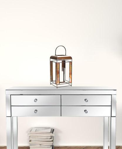 17" Bronze Distressed Geometric Metal And Glass Tabletop Lantern Candle Holder HomeRoots