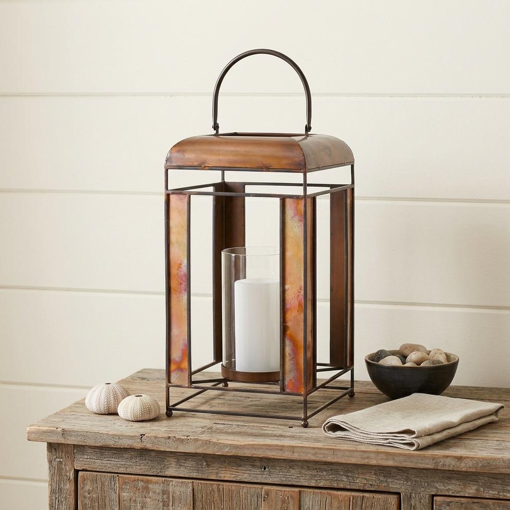 17" Bronze Distressed Geometric Metal And Glass Tabletop Lantern Candle Holder HomeRoots