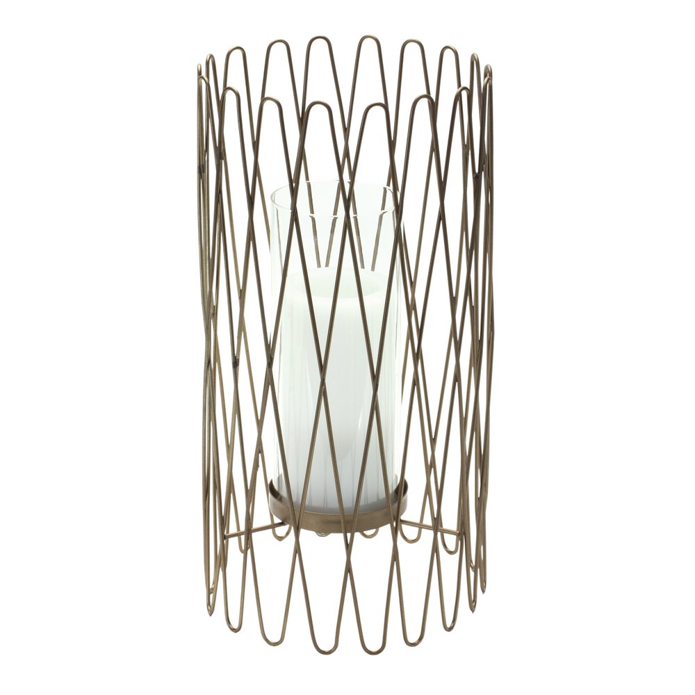 14" Gold Iron and Glass Tabletop Hurricane Candle Holder HomeRoots
